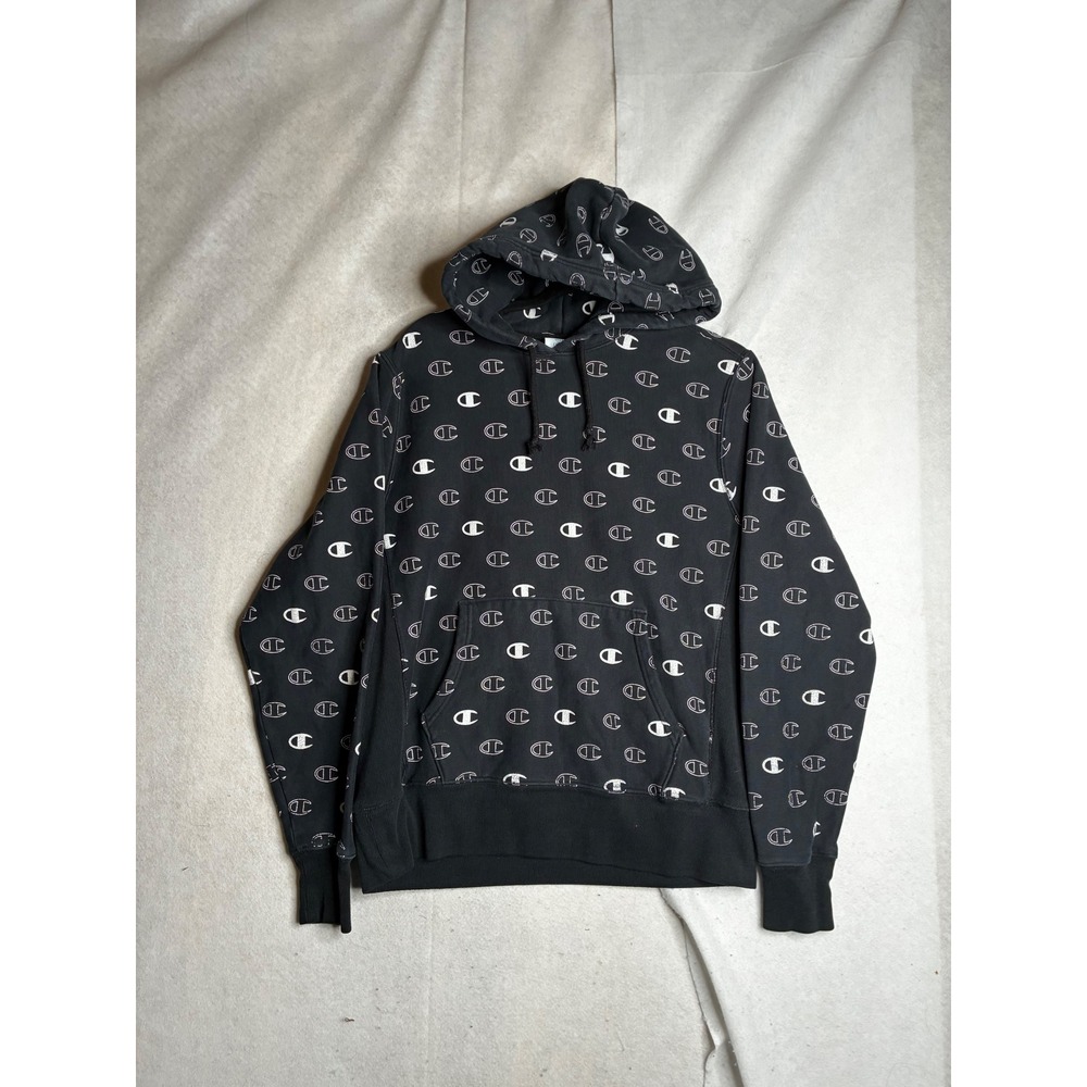 Champion Reverse Weave Hoodie Mens‎ Medium Black All Over Print Logo Sweatshirt